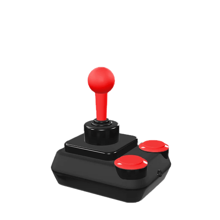 Joystick arcade merah dan hitam.